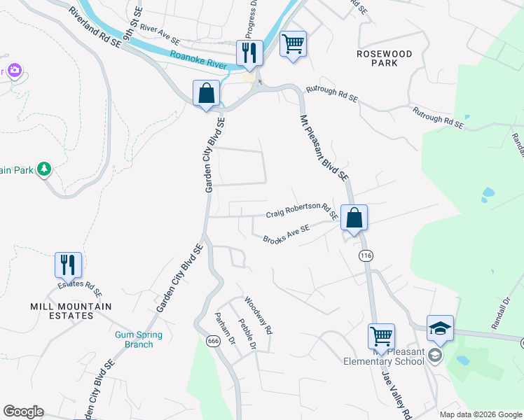 map of restaurants, bars, coffee shops, grocery stores, and more near 1384 Gillette Avenue Southeast in Roanoke
