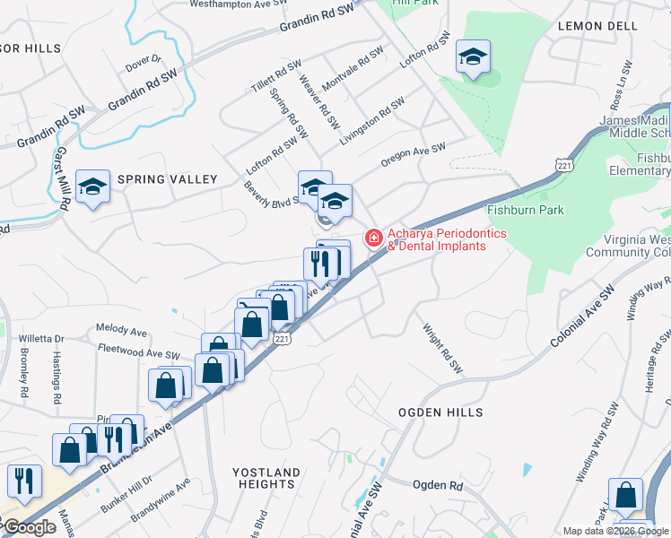 map of restaurants, bars, coffee shops, grocery stores, and more near 2807 Fleetwood Ave SW in Roanoke