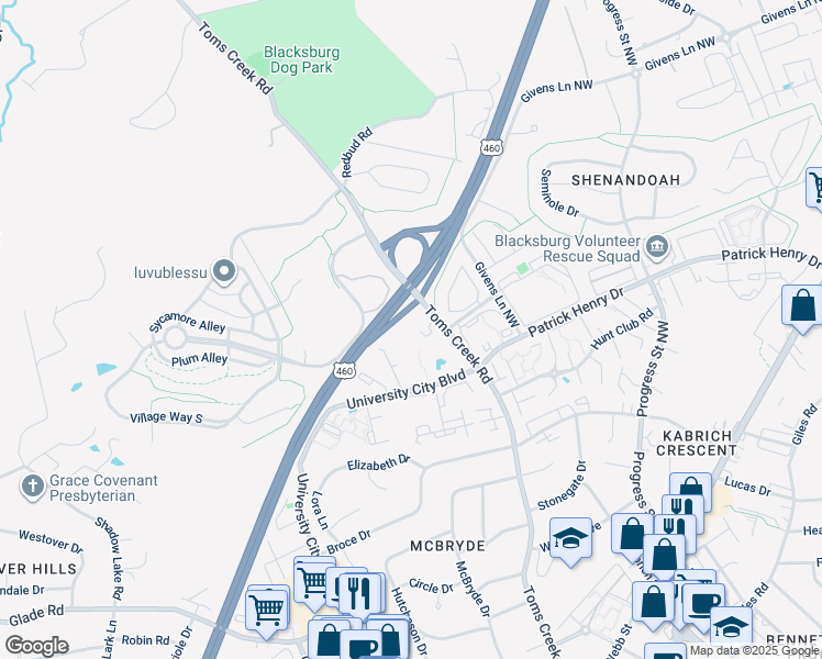 map of restaurants, bars, coffee shops, grocery stores, and more near Toms Creek Road in Blacksburg