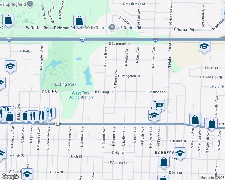 map of restaurants, bars, coffee shops, grocery stores, and more near 2624 North Pierce Avenue in Springfield