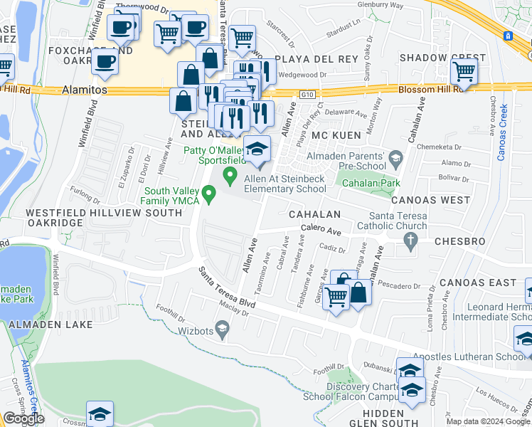 map of restaurants, bars, coffee shops, grocery stores, and more near 5860 Allen Avenue in San Jose