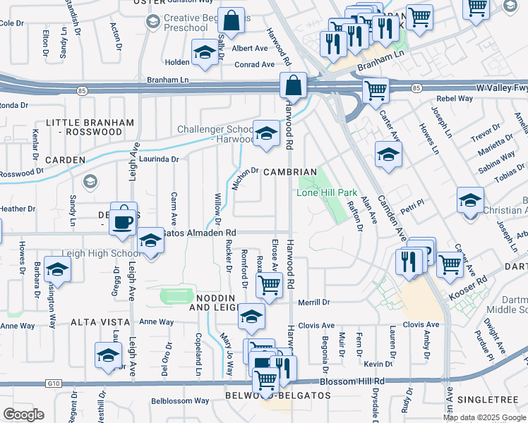 map of restaurants, bars, coffee shops, grocery stores, and more near 1771 Cardel Way in San Jose