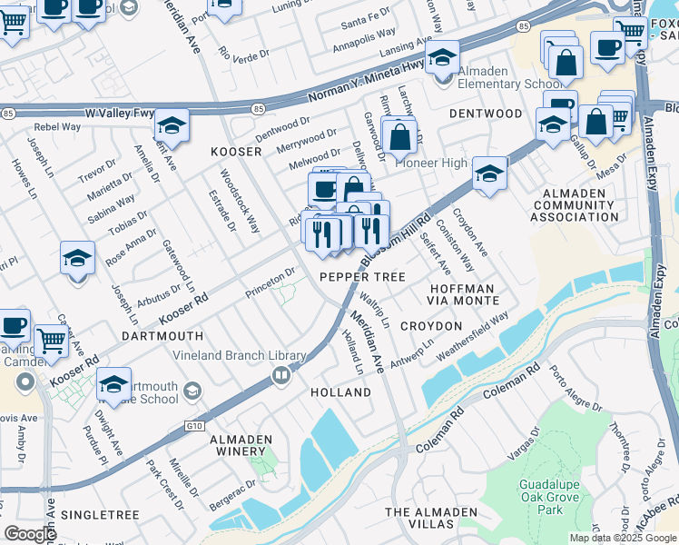 map of restaurants, bars, coffee shops, grocery stores, and more near 1375 Blossom Hill Road in San Jose