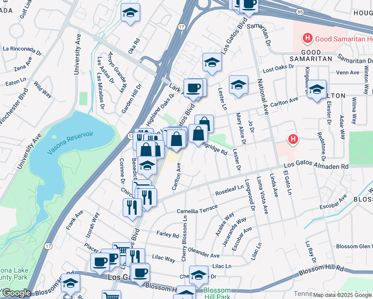map of restaurants, bars, coffee shops, grocery stores, and more near 176 Carlton Avenue in Los Gatos