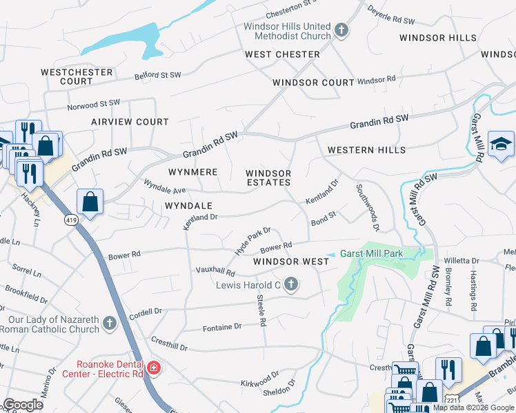 map of restaurants, bars, coffee shops, grocery stores, and more near 3738 Buckingham Dr in Roanoke