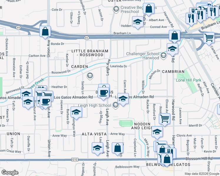 map of restaurants, bars, coffee shops, grocery stores, and more near 5115 Leigh Avenue in San Jose