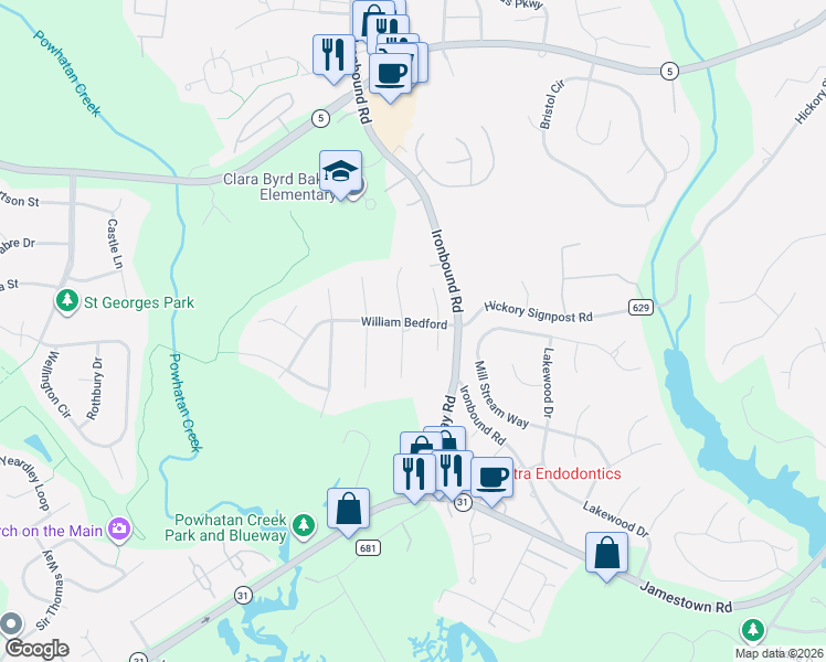 map of restaurants, bars, coffee shops, grocery stores, and more near 2900-2902 N Richard Pace in Williamsburg