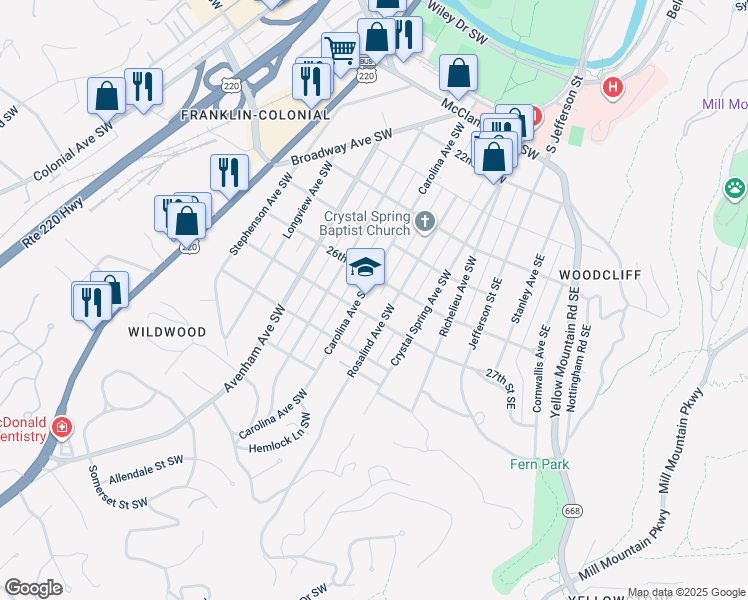 map of restaurants, bars, coffee shops, grocery stores, and more near 2620 Carolina Avenue Southwest in Roanoke