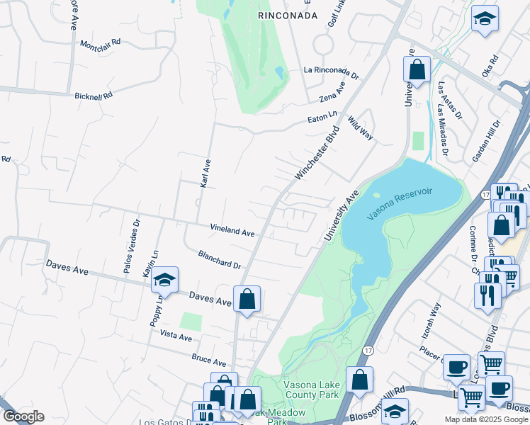 map of restaurants, bars, coffee shops, grocery stores, and more near 15415 Winchester Boulevard in Monte Sereno
