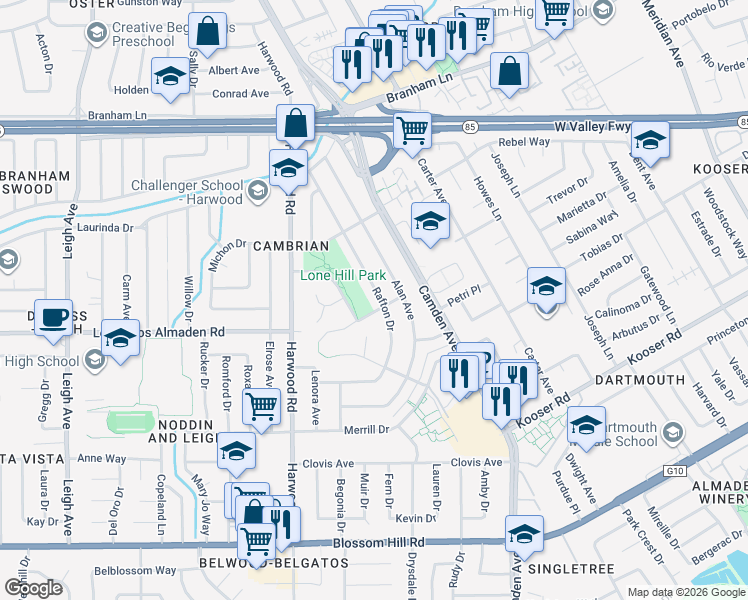 map of restaurants, bars, coffee shops, grocery stores, and more near 5143 Rafton Drive in San Jose