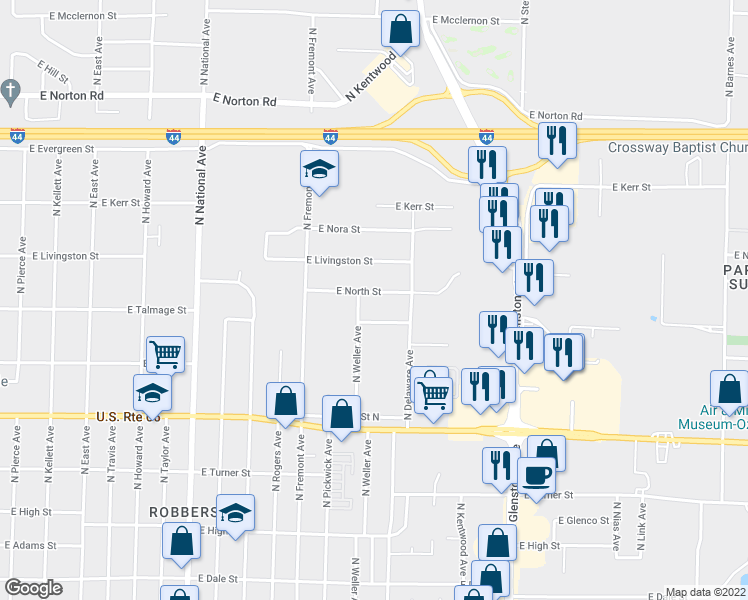 map of restaurants, bars, coffee shops, grocery stores, and more near 1516 East North Street in Springfield