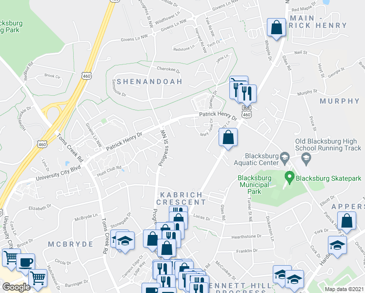 map of restaurants, bars, coffee shops, grocery stores, and more near 1210 University Terrace in Blacksburg