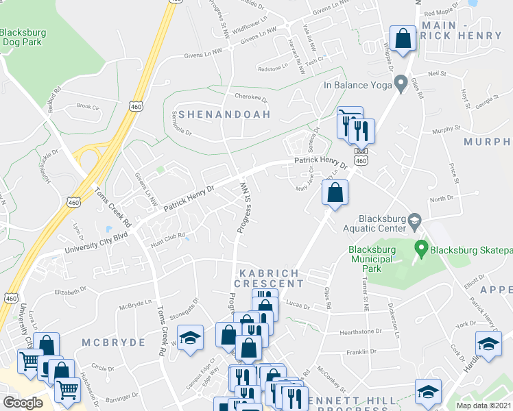map of restaurants, bars, coffee shops, grocery stores, and more near in Blacksburg