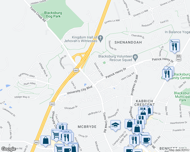 map of restaurants, bars, coffee shops, grocery stores, and more near 505 Sunridge Drive in Blacksburg