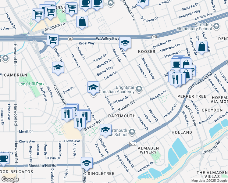 map of restaurants, bars, coffee shops, grocery stores, and more near 1554 Brenner Drive in San Jose