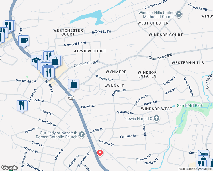 map of restaurants, bars, coffee shops, grocery stores, and more near 4527 Tanglewood Lane in Cave Spring
