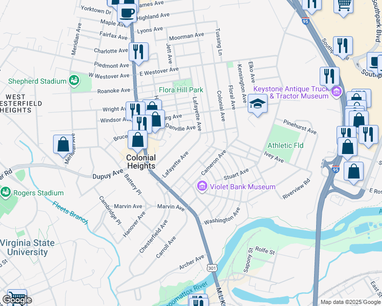 map of restaurants, bars, coffee shops, grocery stores, and more near 304 Lafayette Avenue in Colonial Heights