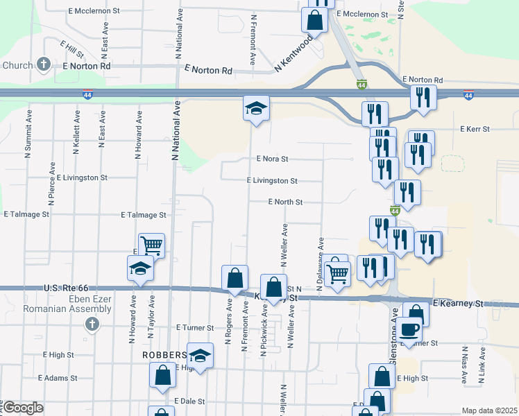 map of restaurants, bars, coffee shops, grocery stores, and more near E Street in Springfield