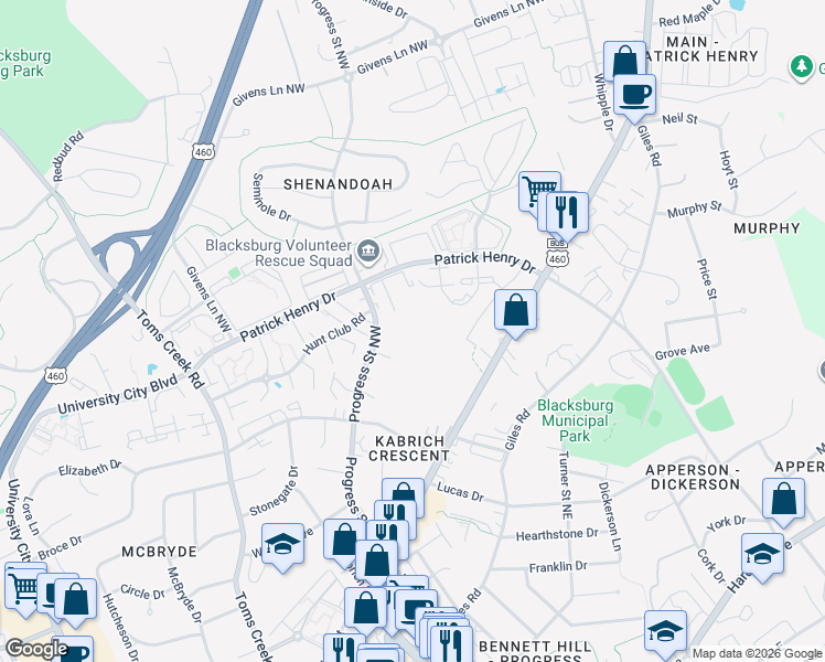 map of restaurants, bars, coffee shops, grocery stores, and more near 1210 University Terrace in Blacksburg