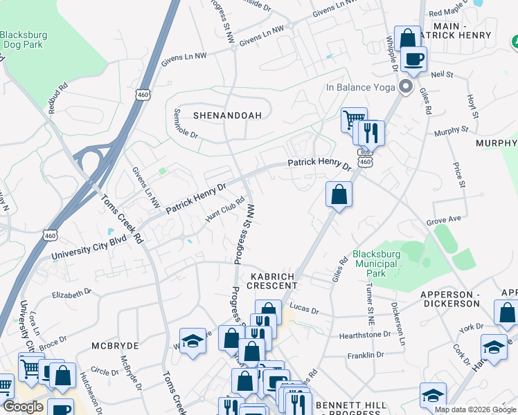 map of restaurants, bars, coffee shops, grocery stores, and more near 1207 University Terrace in Blacksburg