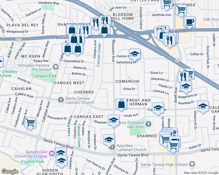 map of restaurants, bars, coffee shops, grocery stores, and more near 670 Briarcliff Drive in San Jose