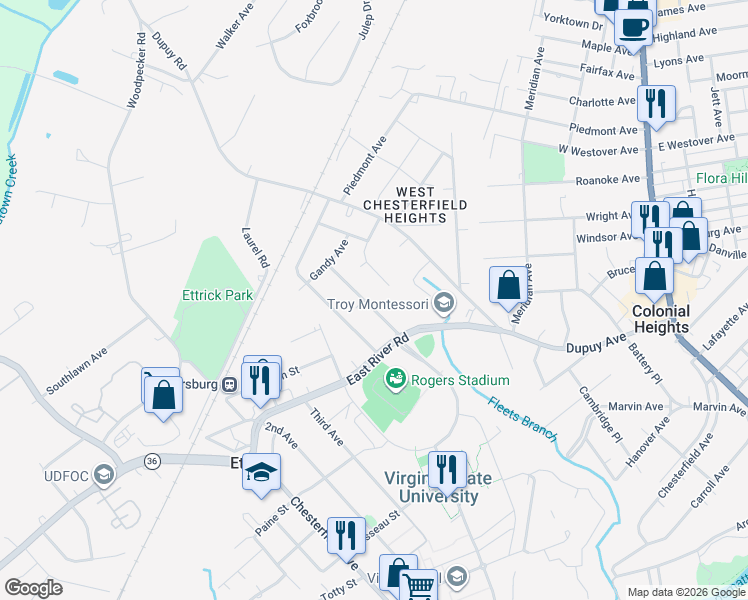 map of restaurants, bars, coffee shops, grocery stores, and more near 20305 Sheffield Place in Petersburg