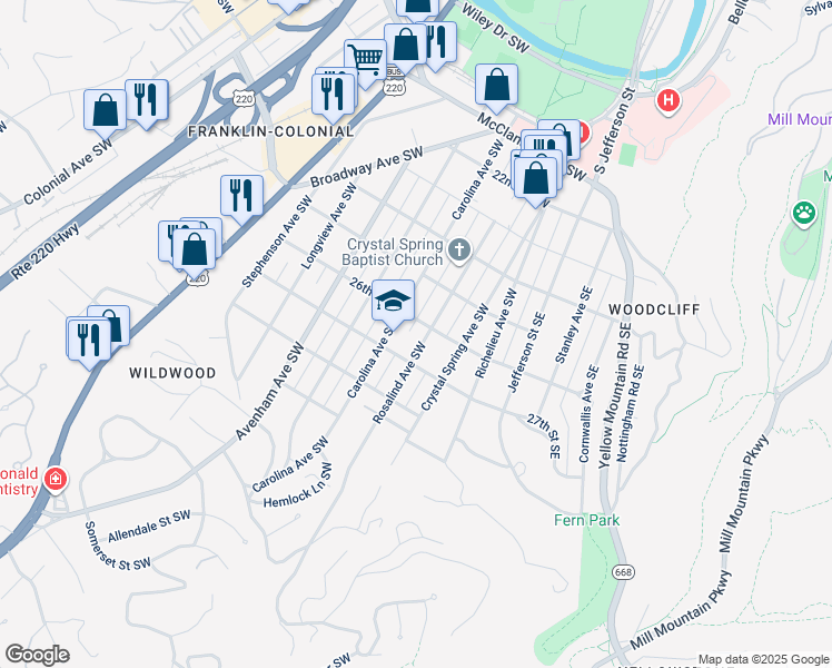 map of restaurants, bars, coffee shops, grocery stores, and more near 2607 Rosalind Avenue Southwest in Roanoke