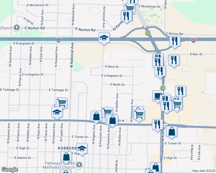 map of restaurants, bars, coffee shops, grocery stores, and more near 1437 East North Street in Springfield