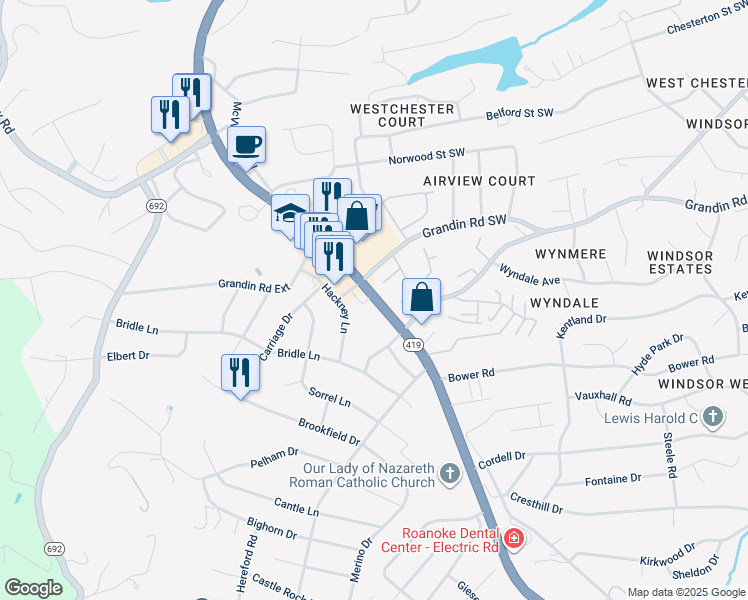 map of restaurants, bars, coffee shops, grocery stores, and more near 2119 Electric Road Southwest in Cave Spring