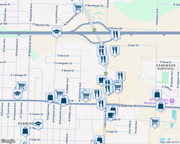 map of restaurants, bars, coffee shops, grocery stores, and more near 1646 East North Street in Springfield