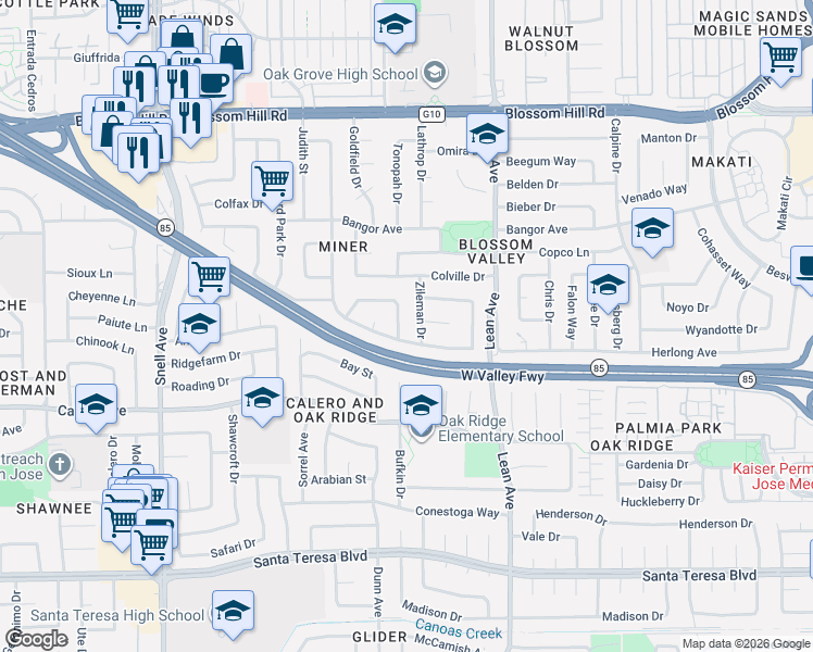 map of restaurants, bars, coffee shops, grocery stores, and more near 335 Mustang Street in San Jose