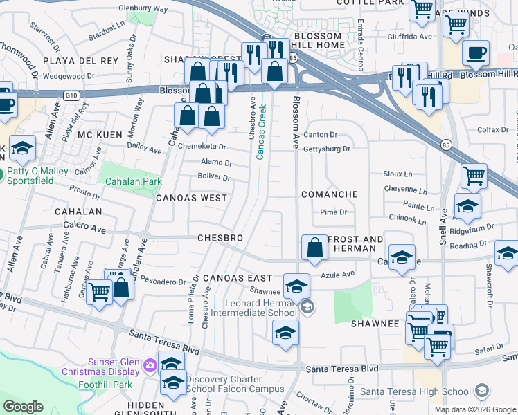 map of restaurants, bars, coffee shops, grocery stores, and more near 5803 Indian Avenue in San Jose