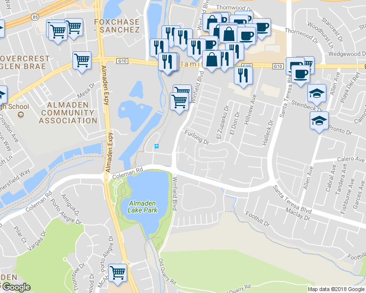 map of restaurants, bars, coffee shops, grocery stores, and more near 970 Lake Isabella Way in San Jose