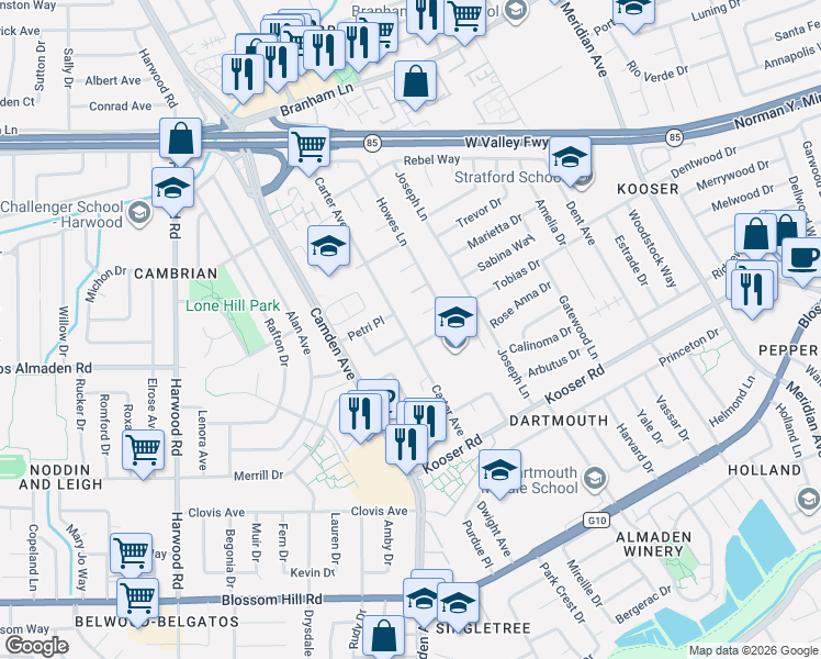 map of restaurants, bars, coffee shops, grocery stores, and more near 1598 Stapleton Court in San Jose