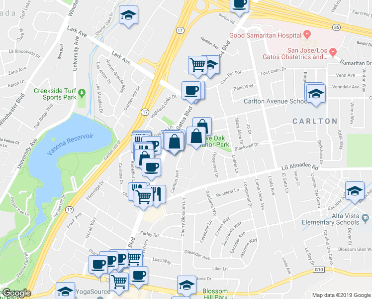 map of restaurants, bars, coffee shops, grocery stores, and more near 192 Carlton Avenue in Los Gatos