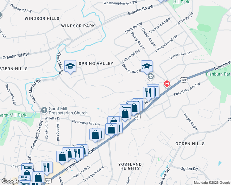 map of restaurants, bars, coffee shops, grocery stores, and more near 3102 Evergreen Lane Southwest in Roanoke