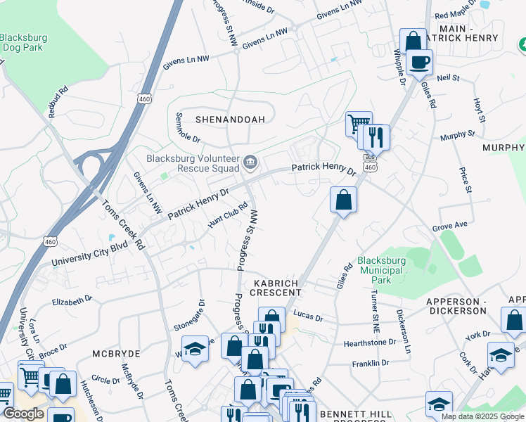 map of restaurants, bars, coffee shops, grocery stores, and more near in Blacksburg