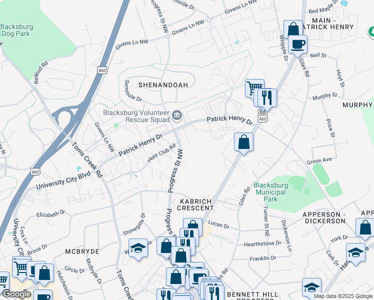 map of restaurants, bars, coffee shops, grocery stores, and more near in Blacksburg