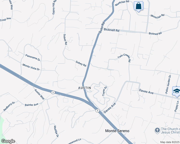 map of restaurants, bars, coffee shops, grocery stores, and more near 15390 Quito Road in Saratoga