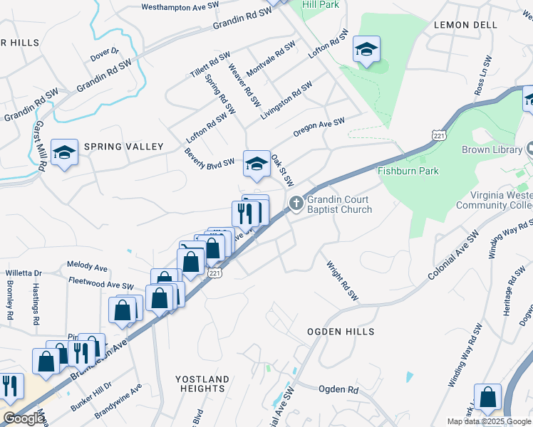 map of restaurants, bars, coffee shops, grocery stores, and more near 2801 Fleetwood Avenue Southwest in Roanoke