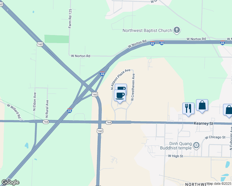 map of restaurants, bars, coffee shops, grocery stores, and more near 2540 North Airport Plaza Avenue in Springfield