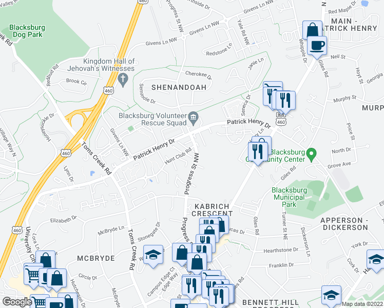 map of restaurants, bars, coffee shops, grocery stores, and more near 301 Hunt Club Road in Blacksburg