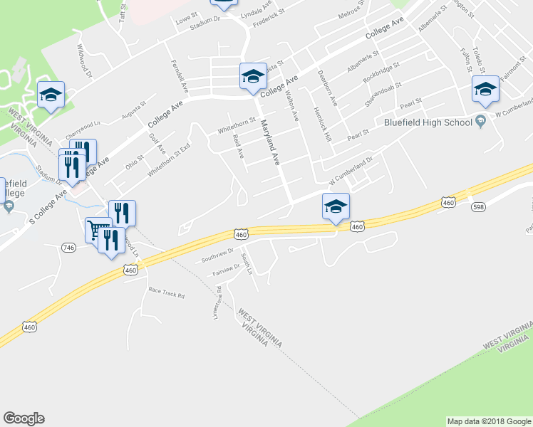 map of restaurants, bars, coffee shops, grocery stores, and more near 2001 West Cumberland Road in Bluefield