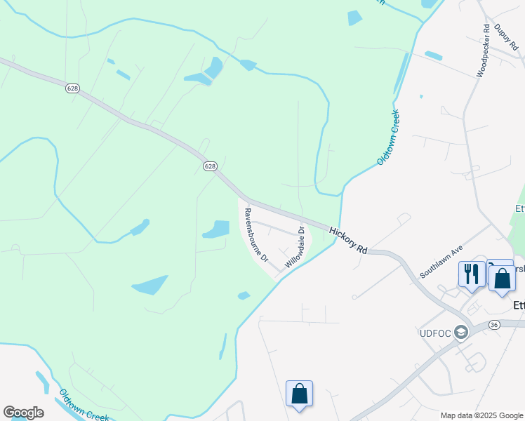 map of restaurants, bars, coffee shops, grocery stores, and more near 4611 Hickory Road in Petersburg