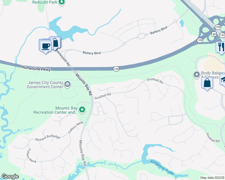 map of restaurants, bars, coffee shops, grocery stores, and more near 129 Peyton Road in Williamsburg
