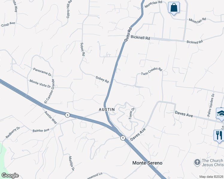 map of restaurants, bars, coffee shops, grocery stores, and more near 15390 Quito Road in Saratoga