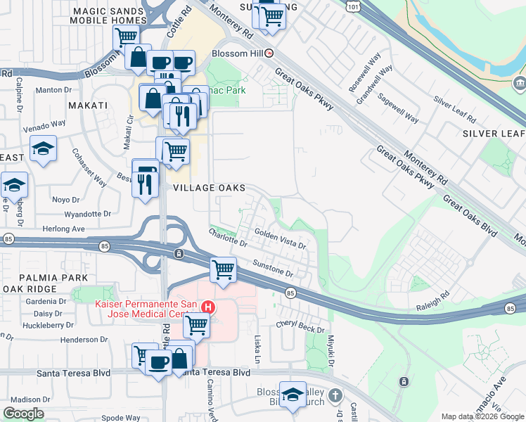 map of restaurants, bars, coffee shops, grocery stores, and more near 5965 Woodspring Loop in San Jose