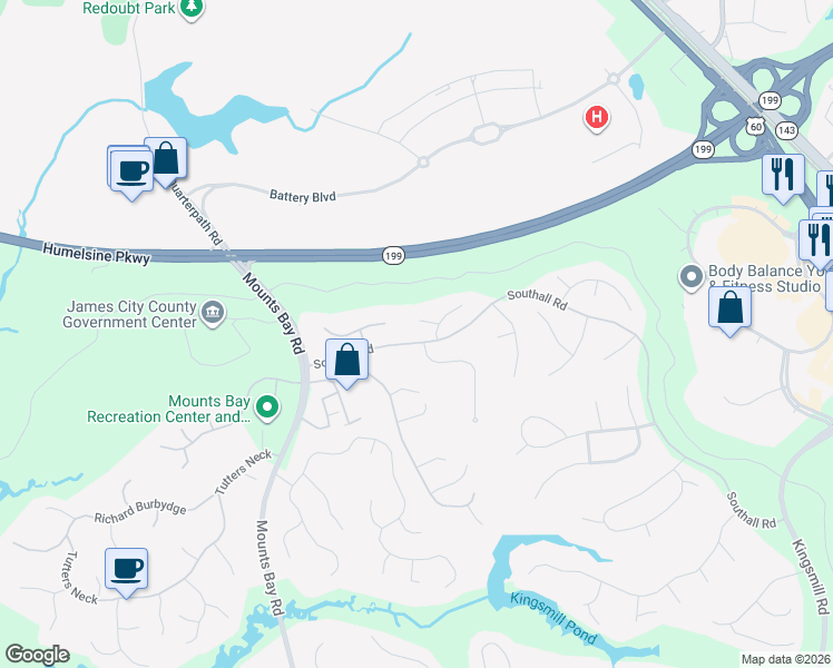 map of restaurants, bars, coffee shops, grocery stores, and more near 109 Daingerfield Road in Williamsburg