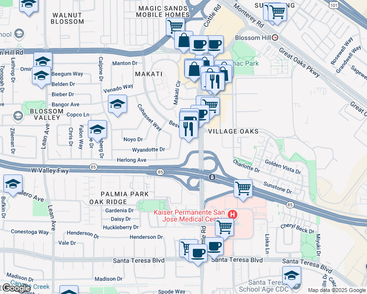 map of restaurants, bars, coffee shops, grocery stores, and more near 134 Herlong Avenue in San Jose