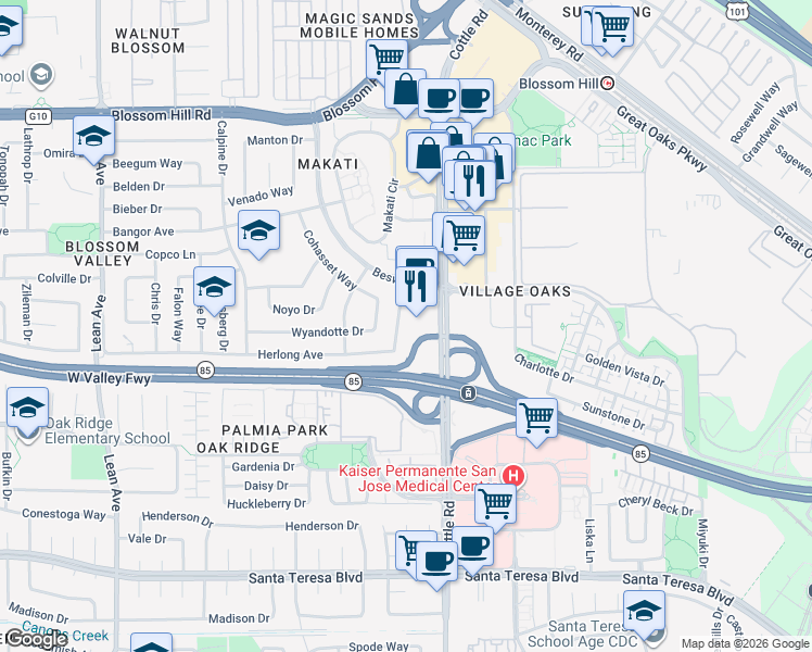 map of restaurants, bars, coffee shops, grocery stores, and more near 134 Herlong Avenue in San Jose